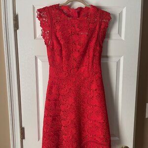 Reiss Size 4 Red Lace Cocktail Dress with Asymmetrical Hem